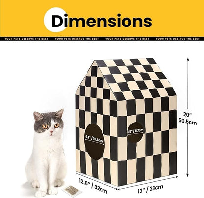 Cardboard Cat House with Scratch Pad & Catnip, Cat Play Scratching House for Indoor Hideaway Furniture, Heavy Duty Sturdy Cardboard Scratcher, Easy to Assemble Birthday Gift, Medium