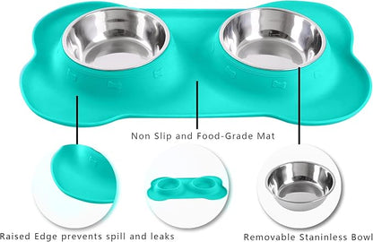 Hubulk Pet Dog Bowls 2 Stainless Steel Dog Bowl with No Spill Non-Skid Silicone Mat + Pet Food Scoop Water and Food Feeder Bowls for Feeding Small Medium Large Dogs Cats Puppies (Medium, Mint Green)
