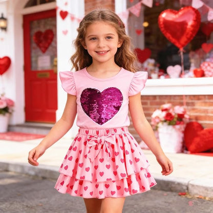 Girls Skirt Set 2 Piece Outfit Toddler Summer Clothes Ruffle Sleeve T-Shirt Bow Knot Tutu Skirt Outfit Set