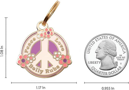 Two Tails Pet Company Personalized 'Peace, Love, Belly Rubs' Pet ID Tag & Collar Charm - Custom Engraved Dog Tags for Pets - Luxury Brass, Gold Plating