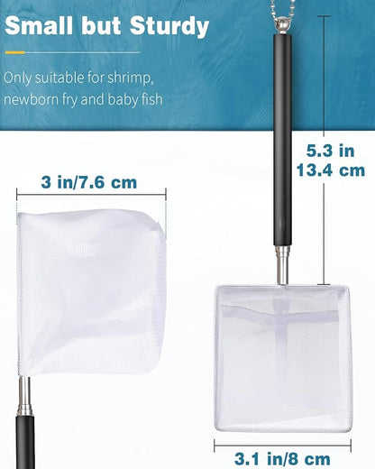 Pawfly Aquarium Shrimp Net 3 Inch Tiny Fish Tank Net with Extendable Stainless Steel Handle Soft Square Fine Net Mesh for Shrimp Baby Fish Food Residue Debris Skimming Net for Fish Tanks & Small Ponds