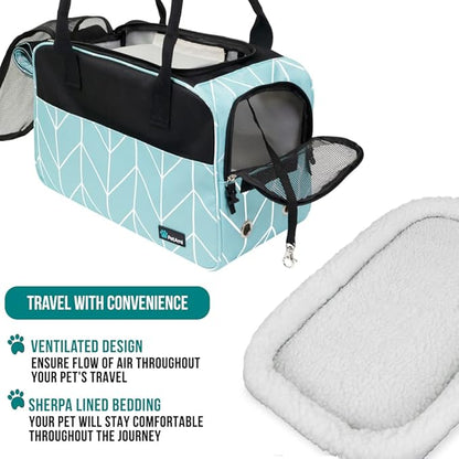 PetAmi Dog Purse Carrier for Small Dogs, Airline Approved Soft Sided Pet Carrier with Pockets, Ventilated Dog Carrying Bag for Puppy Cat, Dog Travel Supplies Bag, Sherpa Bed, Max 12 lbs, Chevron Teal