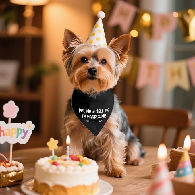 Pet Me and Tell Me I'm Handsome Black Dog Bandana, Humor Cute Puppy Scarf Accessory Photo Prop, Pretty Puppy Scarf Gifts for Dogs Lover, Birthday for Dog Mom Dad