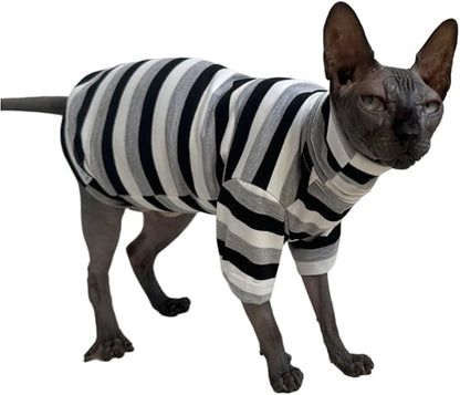 Vintage Stripes Sphynx Hairless Cats Shirt Cotton Cat Turtleneck Pet Clothes Kitten T-Shirts with Sleeves for Sphynx Cats (Black Grey White, X-Small)