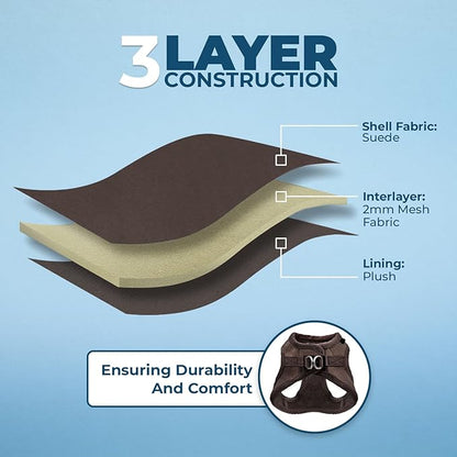 Best Pet Supplies - All Weather Plush, Reflective, No Pull Harness for Small, Medium Dogs, Cats - Secure with Hook & Loop Fastener, Buckle, Double D-Rings - Chocolate Suede, XL