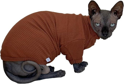 Sphynx Hairless Cats Shirt Cotton Cat Turtleneck Sweater Pullover Kitten T-Shirts with Sleeves Cat Pajamas Jumpsuit for Sphynx Cornish Rex, Devon Rex, Peterbald (Coffee, X-Large (Pack of 1))
