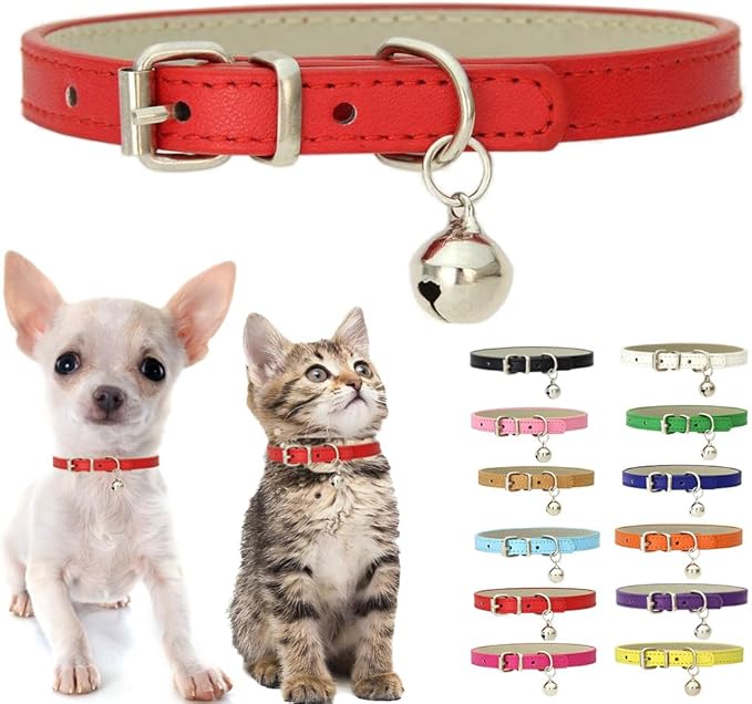 Red XS Dog Collar with Bell, Soft Pu Leather Cat Collars Adjustable Buckle for XXS Extra Small Medium Tiny Female Male Boys Girls Pets Puppy Kitten Teacup Yorkie X-Small