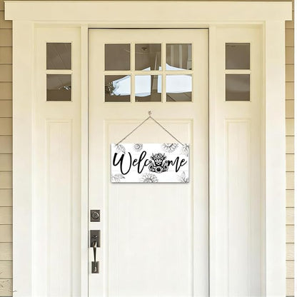 Welcome Sign for Front Door, Welcome Decor Wooden Hanging Sign, Highland Cow and sunflowers Pattern Wall Signs, Rustic Funny Wooden Outdoor Front Door Hanging Decoration 13.8X6.9 inches