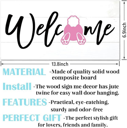 Welcome Sign for Front Door, Welcome Decor Wooden Hanging Sign for Wall Decor, Pink bunny' Pattern Wall Signs, Rustic Funny Wooden Outdoor Front Door Hanging Decoration 13.8X6.9 inches