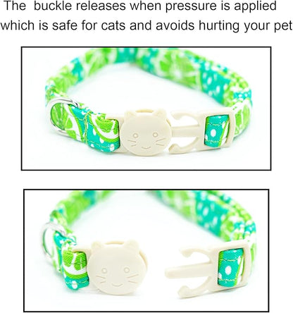 Cat Collar-2 Pack Cute Cat Collars Peach & Lemon Print Breakaway with Kitten and Bell Pendant Safety Buckle Pet Collar Soft Cotton Collar for Cats and Small Pets Gift