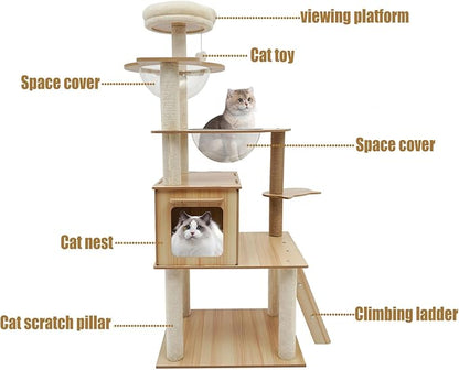 Wood Cat Tree, Modern 5-Tier Wooden Cat Tree, Wooden Tower with Acrylic Space Capsules & Sisal Scratching Post, 55.1in Multi-Level Activity Center for Indoor Cats (22lbs Capacity)
