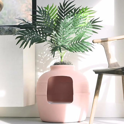 Good Pet Stuff Hidden Litter Box Planter, Decorative Cat Litter Enclosure with Carbon Filter, Artificial Plant, Easy Clean, Removable Liner, Round Style, Essentials Kit, Blush Pink