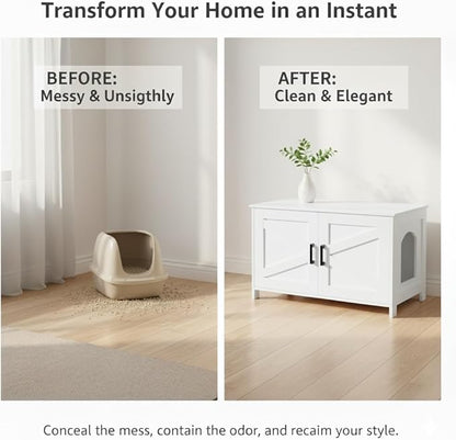 Homhedy Cat Litter Box Enclosure, Wooden Cat Washroom Furniture with Barn Door, Pet House, Fit Most of Litter Box, White