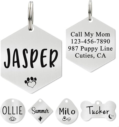 Ultra Joys Custom Personalized Hexagon Dog ID Tag - Brushed Stainless Steel Silver, Small