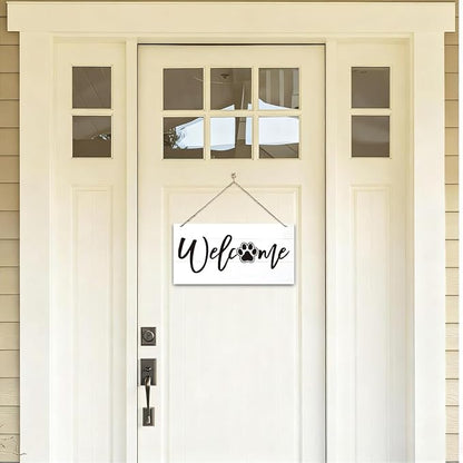 Welcome Sign for Front Door, Welcome Decor Wooden Hanging Sign for Wall Decor, Cat's Paw Pattern Wall Signs, Rustic Funny Wooden Outdoor Front Door Hanging Decoration 13.8X6.9 inches