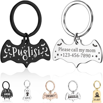 Dog Tags Personalized for Pets - Bat Shape Dog Tag, Customized Pet ID Tag for Black Cat, Witch Friendly Cat Tags, Funny Spooky Dog Name Tag, Stainless Steel Dog ID Tag Engraved on Both Sides