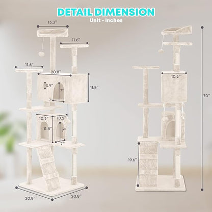 FDW | 70" Cat Tree Tower | Beige | Multi-Level Indoor Activity Center with Sisal Scratching Posts, Condos, Plush Perches, Hanging Cat Toys | Sturdy, Easy to Assemble | for Kittens & Adult Cats