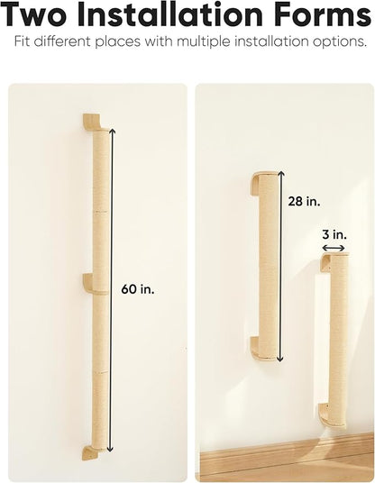 FUKUMARU Cat Wall Scratcher, 60" Tall Wall Mounted Kitten Scratching Post, Sturdy Sisal Climbing Tree for Indoor Large Cats