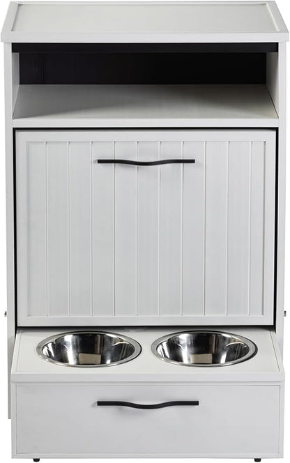 New Age Pet ECOFLEX Brea Dog Food Pantry in Antique White, Two 32 oz Bowls, Moisture Resistant, Easy Assembly, Holds 25 lbs