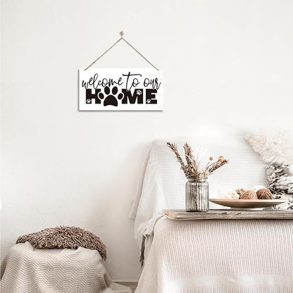 Welcome Sign for Front Door, Front Door Decor Wooden Hanging Sign for Wall Decor, Welcome to Our Home, Pet Lover Wall Signs, Rustic Funny Wooden Outdoor Hanging Decoration 13.8X6.9 inches