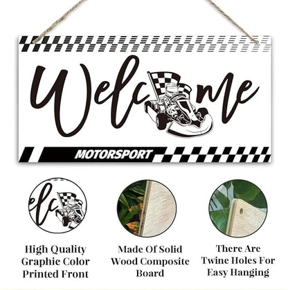 Welcome Sign for Front Door, Playroom Wall Decor, Motorsport Theme Wall Hanging Decor, Gift for Motorsport Lover, Funny Wooden Outdoor Front Door Hanging Decoration 13.8X6.9 inches