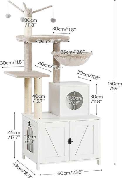 HOOBRO Cat Tree Tower with Litter Box Enclosure for Indoor, Wooden Cat Condo with Scratching Posts, Litter Box Furniture Hidden, All-in-One Cat House, White WT15MZ03
