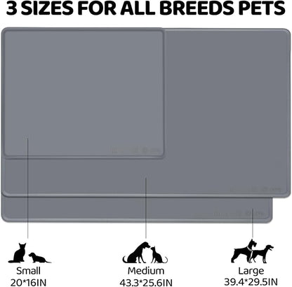 Dog Water Mat 2-Pack 20×16in - Silicone Dog Mats for Food and Water, Non-Slip Pet Feeding Mat for Floors, Waterproof Cat Bowl Mats to Prevent Spills -Dark Gray & Silver Gray