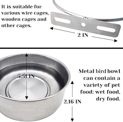 PINVNBY 2pcs Stainless Steel Bird Bowl Feeding Dish Cups for Parrot, Parakeet, African Greys, Conure, Cockatiels, Lovebird, Budgie, Chinchilla (L)