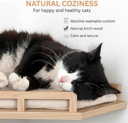 INICIO Cat Wall Shelves - Safe and Sturdy Cat Wall Furniture - Stylish Corner Shelf with 3 Steps for Cats up to 15lbs - Cushioned Perch and Stairs for Climbing and Playing - Natural Wood