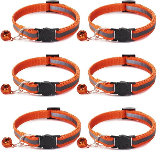 6 Pack Reflective Cat Collar with Bell, Breakaway and Safe Collars for Cats, Nylon, Pet Collar Adjustable19-32cm (Orange)