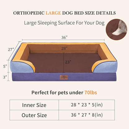Comfort Expression Orthopedic Dog Bed for Large Dogs 36x27 Inch, Waterproof Egg Crate Foam Large Pet Bed with Removable Bolsters, Dog Couch with Washable Cover & Non-Slip Bottom, Honey Lavender