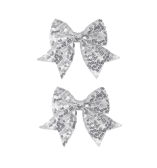 3-inch Sequined Bow Hair Clips For Baby Girls, Toddler, Kids and Young Women Birthday Party Wedding Christmas Occasions Pet Accessories Set of 2 (Silver)