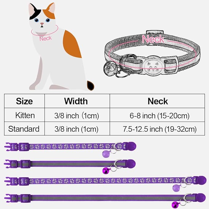 Taglory Kitten Collar Breakaway with Bell, 2 Pack Girl Boy Pet Kitten Collar Adjustable 6-8 Inch for 2-6 Months Cat, Purple