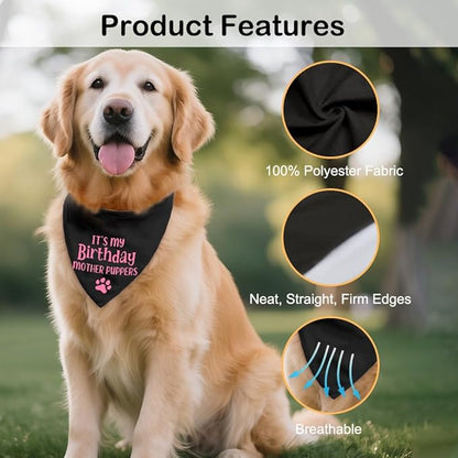 It's My Birthday Mother Puppers Black Dog Bandana, Birthday Gifts for Dog Mom, Funny Pup Scarf Accessory Decoration Photo Shoot for Party Dinner Holiday, Cute First Birthday Supply for Pup