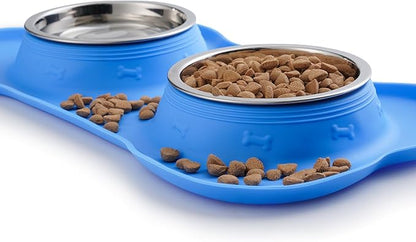 Hubulk Pet Dog Bowls 2 Stainless Steel Dog Bowl with No Spill Non-Skid Silicone Mat + Pet Food Scoop Water and Food Feeder Bowls for Feeding Small Medium Large Dogs Cats Puppies (Large, Blue)