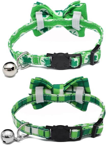 2-Pack Breakaway Cat Collars with Removable Double-Layer Bow Tie and Bell for Boy and Girl Cats,Safety Kitten Collars Suitable for Festivals and Daily. (St. Patrick's Day1)