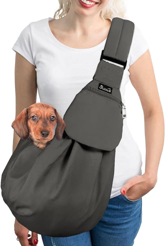 SlowTon Dog Carrier Sling - Thick Padded Shoulder Strap Adjustable Dog Carriers for Small Dogs, Puppy Carrier Purse for Pet Cat with Front Zipper Pocket Safety Belt Machine Washable (Grey L)