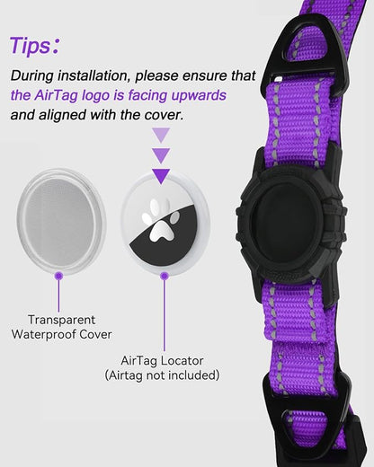 Joytale Airtag Dog Collar, Reflective Pet Collar with Waterproof AirTag Holder, Dual D-Rings, Soft Padded Adjustable for Extra Large Dogs, Purple, XL