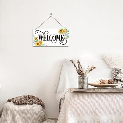 Welcome Sign for Front Door, Welcome Decor Wooden Hanging Sign for Wall Decor, Sunflower Pattern Signs, Rustic Funny Wooden Outdoor Front Door Hanging Decoration 13.8X6.9 inches