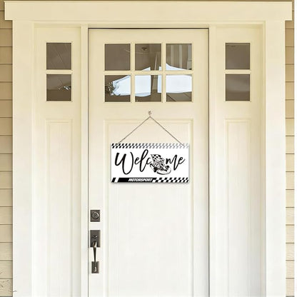 Welcome Sign for Front Door, Playroom Wall Decor, Motorsport Theme Wall Hanging Decor, Gift for Motorsport Lover, Funny Wooden Outdoor Front Door Hanging Decoration 13.8X6.9 inches