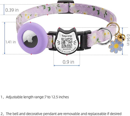 Smart Breakaway Cat Collar with QR Code Pet ID, Built-in AirTag Holder, Adjustable Cotton Cat Collar with Bell for Kittens and Adult Cats ，Pastoral Style with airtag Holder(Purple)