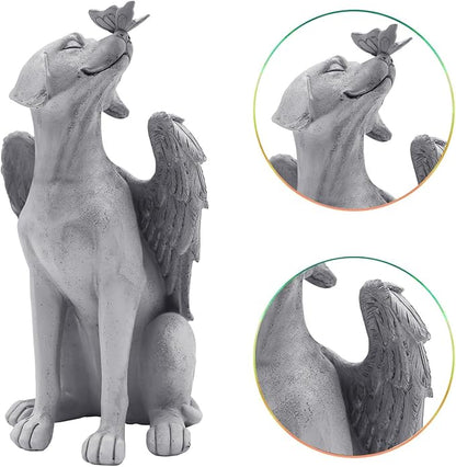 Angel Figurine Memorial Pet Puppy Dog Butterfly Stone Statue with Wings Garden Grave Monument Marker Decor Polyresin Angel Figures Statue Tombstone Sculpture Ornament Loss of Dog Sympathy Gift