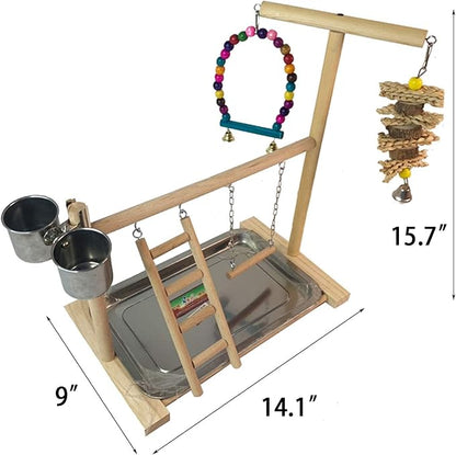 Hamiledyi Parrot Playground Bird Play Stand Play Gym with Feeder Cups,Swings, Ladder and Tray, Wood Parakeet Playground Outside Cage for Cockatiel Lovebird Budgie