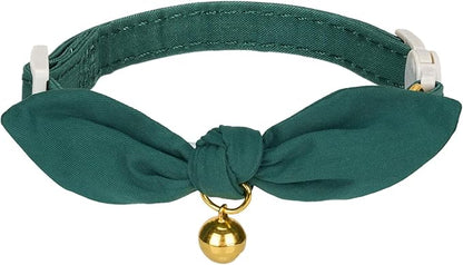 Bunny Ear Cat Collar with Bell and Bow Tie, Breakaway Cute Bowtie Kitten Collars(Dark Green)