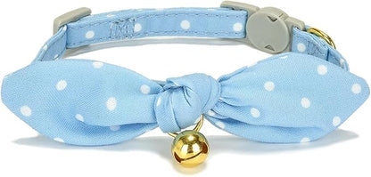 Bowtie Cat Collar with Bell, 2 Pack Cotton Breakaway Kitten Collars with Removeable Bow Stylish Cat Collars, Gradient Plaid & Polka Dot Blue