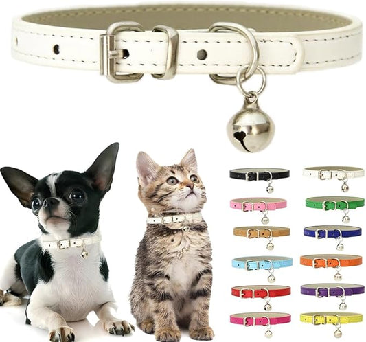 White XS Dog Collar with Bell, Soft Pu Leather Cat Collars Adjustable Buckle for XXS Extra Small Medium Tiny Female Male Boys Girls Pets Puppy Kitten Teacup Yorkie X-Small