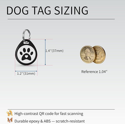 QR Code Dog ID Tag for Collar, Smart Pet ID with Instant Location Email Alerts, Silent Anti-Lost Dog Tag, No App or Subscription, Online Pet Profile Access（1.2”, Black）