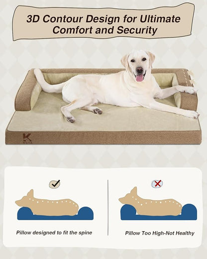 KSIIA Washable Dog Bed XXXL Senior Dog, Orthopedic Warm Soft Pet Sofa Waterproof Pet Couch with Sides, Non-Slip and Egg-Crate Foam Jumbo Beds with Removable Cover, 53x36Inch, Brown