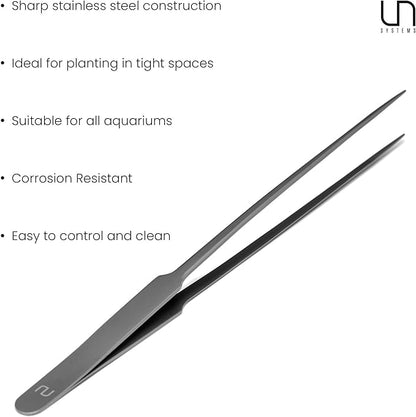 UNS Aquascaping Tools - Stainless Steel, Rust Resistant, Freshwater Planted Tank, Saltwater Reef Aquarium Maintenance Accessory - Planting, Coral Setting - Straight Pinsettes, Grey