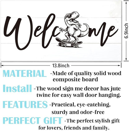 Welcome Sign for Front Door, Welcome Decor Wooden Hanging Sign, Fun and Trendy Dinosaur Wall Hanging Decor, Funny Wooden Outdoor Front Door Decoration 13.8X6.9 inches